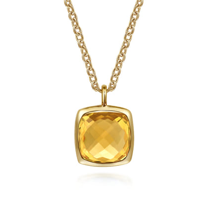 14K Yellow Gold Cushion Cut Citrine Necklace With Flower Pattern J-Back and Bezel Setting