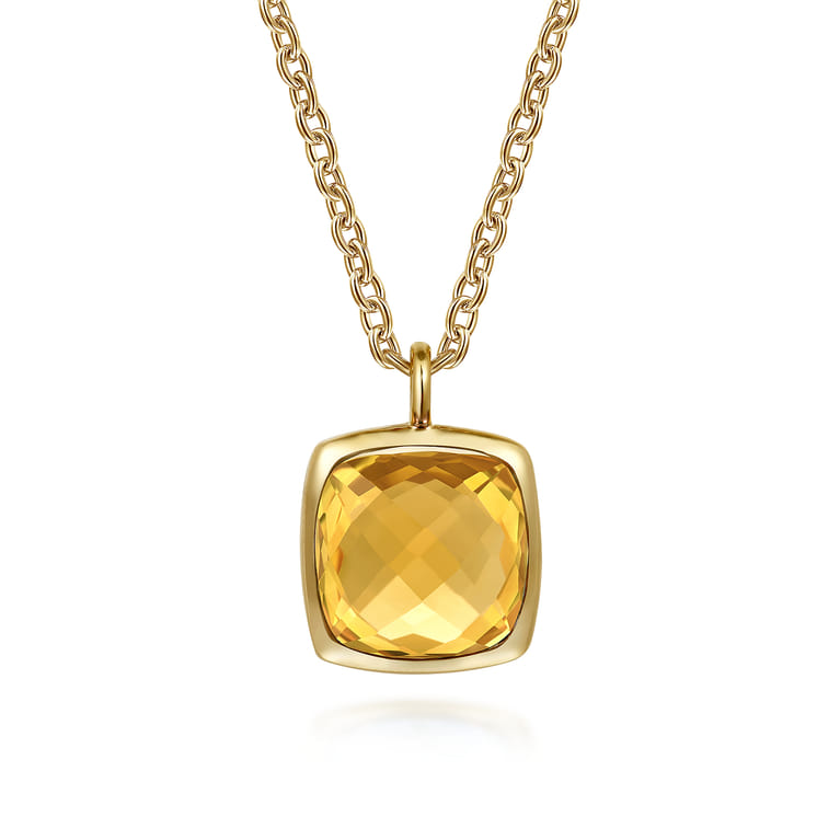 14K Yellow Gold Cushion Cut Citrine Necklace With Flower Pattern J-Back and Bezel Setting - Shot 1