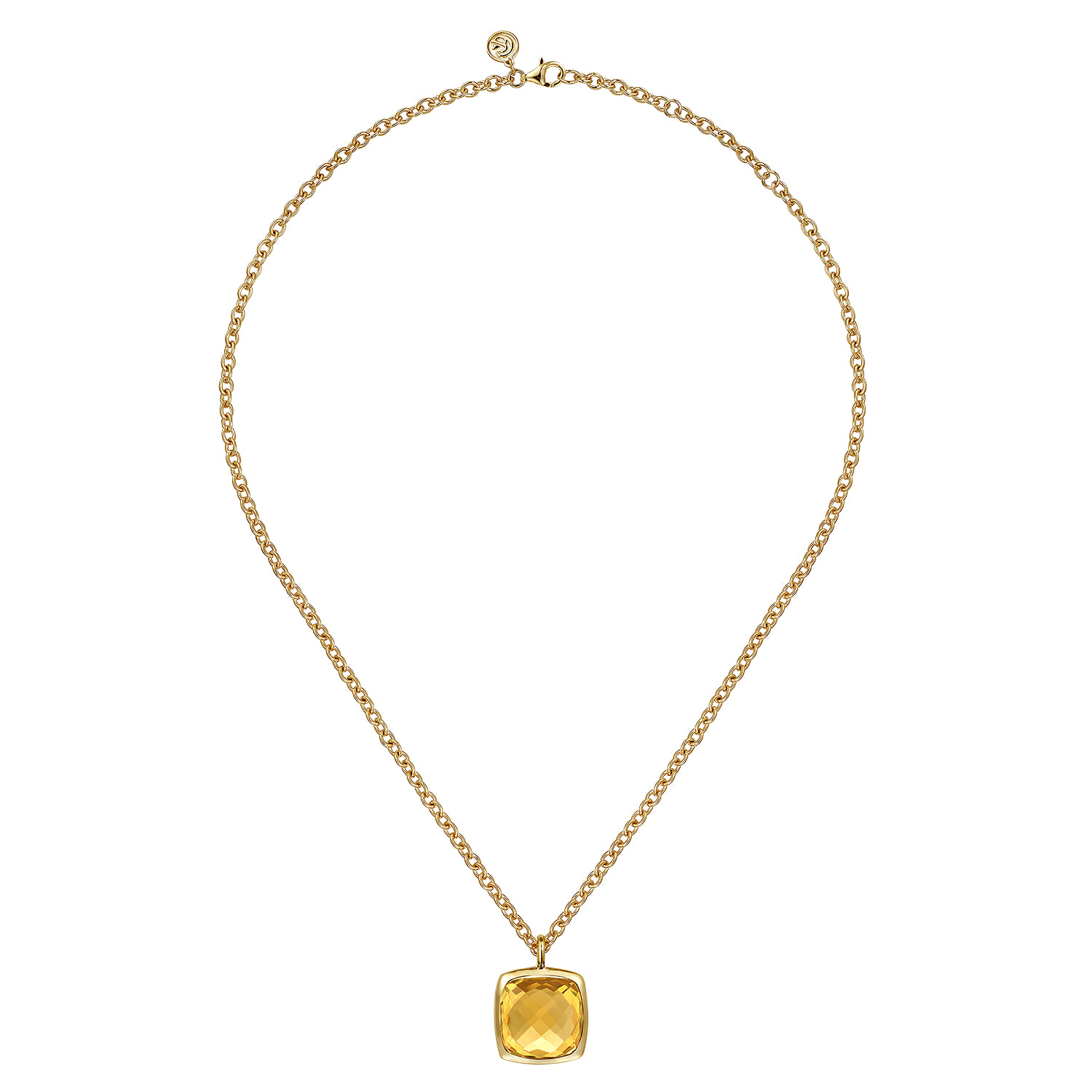 14K Yellow Gold Cushion Cut Citrine Necklace With Flower Pattern J-Back and Bezel Setting - Shot 2