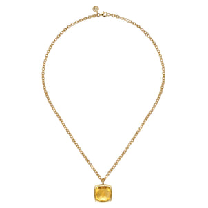 14K Yellow Gold Cushion Cut Citrine Necklace With Flower Pattern J-Back and Bezel Setting