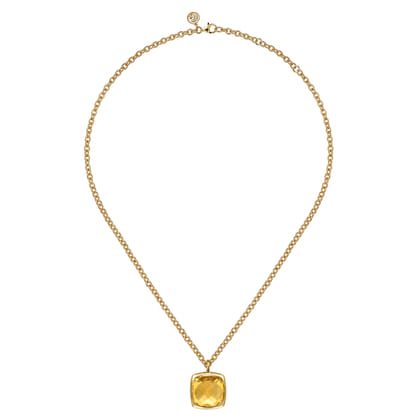14K Yellow Gold Cushion Cut Citrine Necklace With Flower Pattern J-Back and Bezel Setting
