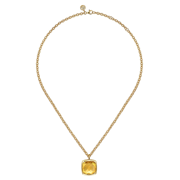 14K Yellow Gold Cushion Cut Citrine Necklace With Flower Pattern J-Back and Bezel Setting