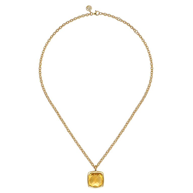 14K Yellow Gold Cushion Cut Citrine Necklace With Flower Pattern J-Back and Bezel Setting - Shot 2