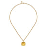 14K Yellow Gold Cushion Cut Citrine Necklace With Flower Pattern J-Back and Bezel Setting