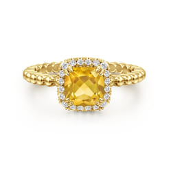 14K Yellow Gold Cushion Cut Citrine and Diamond Halo Ring