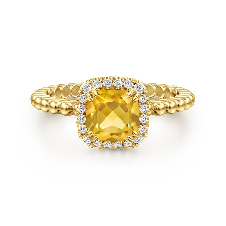 14K Yellow Gold Cushion Cut Citrine and Diamond Halo Ring - 0.1 ct - Shot 1