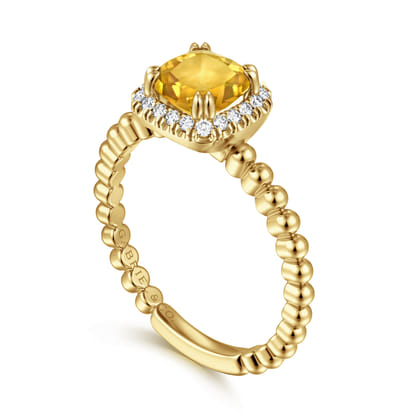 14K Yellow Gold Cushion Cut Citrine and Diamond Halo Ring