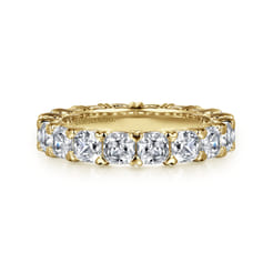 14K Yellow Gold Cushion Cut Diamond Eternity Band with Heart Prongs