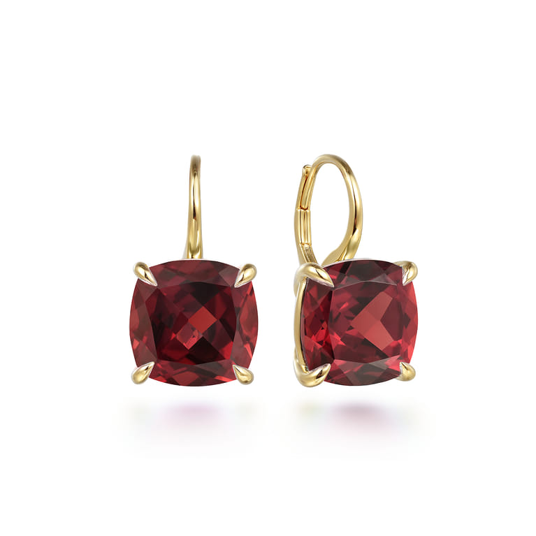 14K Yellow Gold Cushion Cut Garnet Earrings - Shot 1