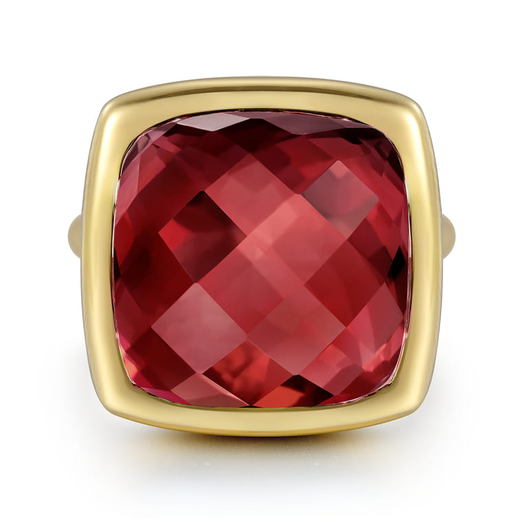 14K Yellow Gold Cushion Cut Garnet Ladies Ring With Flower Pattern J-Back - Shot 1