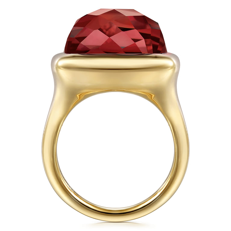14K Yellow Gold Cushion Cut Garnet Ladies Ring With Flower Pattern J-Back - Shot 2
