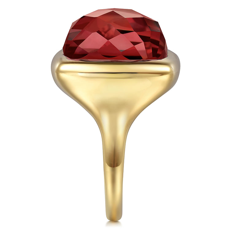 14K Yellow Gold Cushion Cut Garnet Ladies Ring With Flower Pattern J-Back