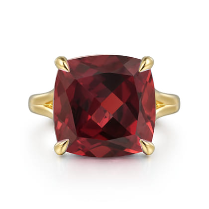 14K Yellow Gold Cushion Cut Garnet Ladies Ring