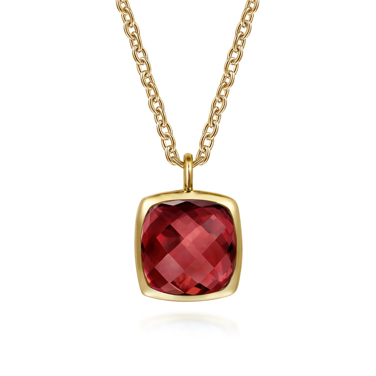 14K Yellow Gold Cushion Cut Garnet Necklace With Flower Pattern J-Back and Bezel Setting - Shot 1