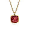 14K Yellow Gold Cushion Cut Garnet Necklace With Flower Pattern J-Back and Bezel Setting