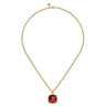 14K Yellow Gold Cushion Cut Garnet Necklace With Flower Pattern J-Back and Bezel Setting
