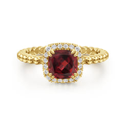 14K Yellow Gold Cushion Cut Garnet and Diamond Halo Ring