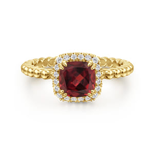 14K Yellow Gold Cushion Cut Garnet and Diamond Halo Ring