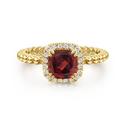 14K Yellow Gold Cushion Cut Garnet and Diamond Halo Ring