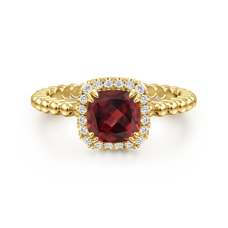 14K Yellow Gold Cushion Cut Garnet and Diamond Halo Ring - 0.1 ct - Shot 1