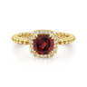 14K Yellow Gold Cushion Cut Garnet and Diamond Halo Ring - 0.1 ct