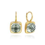 14K Yellow Gold Cushion Cut Green Amethyst Earrings With Flower Pattern J-Back