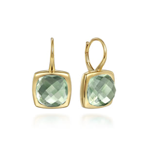 14K Yellow Gold Cushion Cut Green Amethyst Earrings With Flower Pattern J-Back