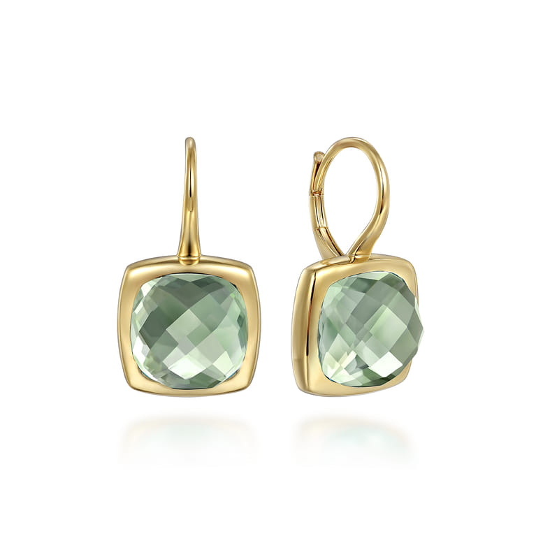 14K Yellow Gold Cushion Cut Green Amethyst Earrings With Flower Pattern J-Back - Shot 1