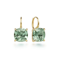 14K Yellow Gold Cushion Cut Green Amethyst Earrings