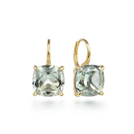 14K Yellow Gold Cushion Cut Green Amethyst Earrings