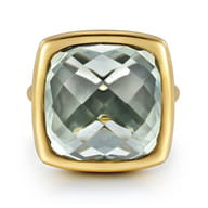14K Yellow Gold Cushion Cut Green Amethyst Ladies Ring With Flower Pattern J-Back