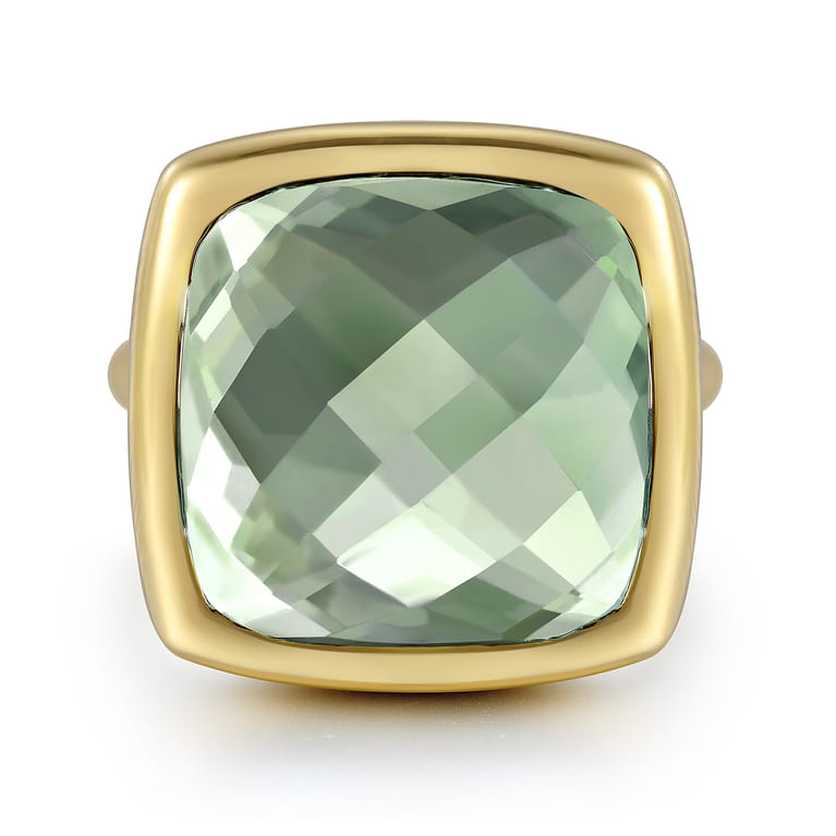 14K Yellow Gold Cushion Cut Green Amethyst Ladies Ring With Flower Pattern J-Back - Shot 1