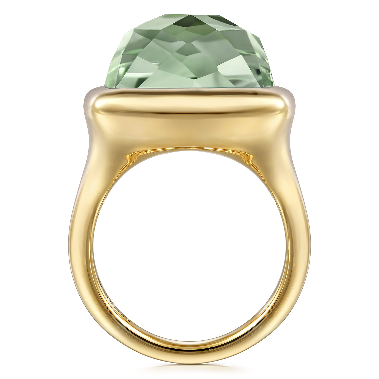 14K Yellow Gold Cushion Cut Green Amethyst Ladies Ring With Flower Pattern J-Back