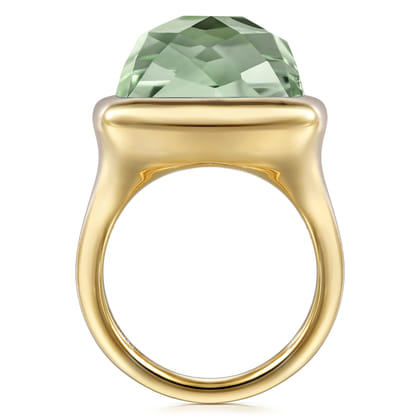 14K Yellow Gold Cushion Cut Green Amethyst Ladies Ring With Flower Pattern J-Back
