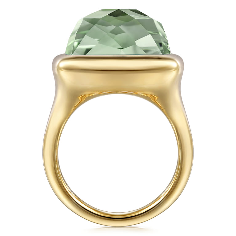 14K Yellow Gold Cushion Cut Green Amethyst Ladies Ring With Flower Pattern J-Back - Shot 2