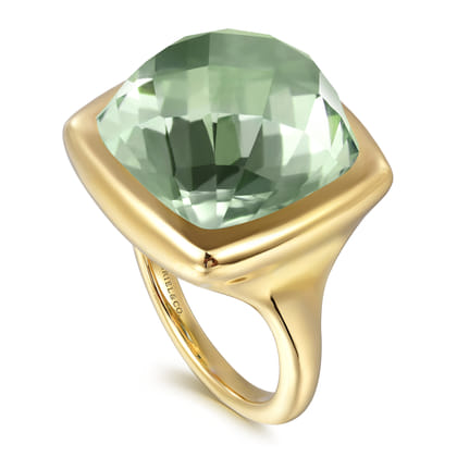 14K Yellow Gold Cushion Cut Green Amethyst Ladies Ring With Flower Pattern J-Back