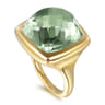 14K Yellow Gold Cushion Cut Green Amethyst Ladies Ring With Flower Pattern J-Back