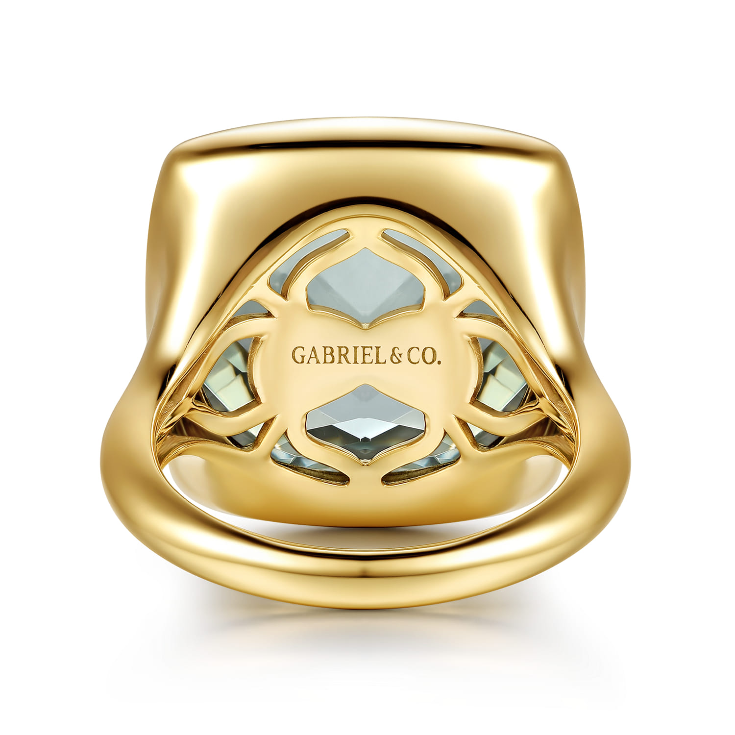 14K Yellow Gold Cushion Cut Green Amethyst Ladies Ring With Flower Pattern J-Back - Shot 6