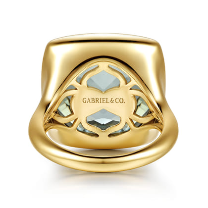 14K Yellow Gold Cushion Cut Green Amethyst Ladies Ring With Flower Pattern J-Back