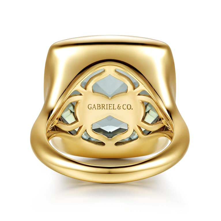 14K Yellow Gold Cushion Cut Green Amethyst Ladies Ring With Flower Pattern J-Back - Shot 6