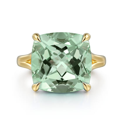 14K Yellow Gold Cushion Cut Green Amethyst Ladies Ring