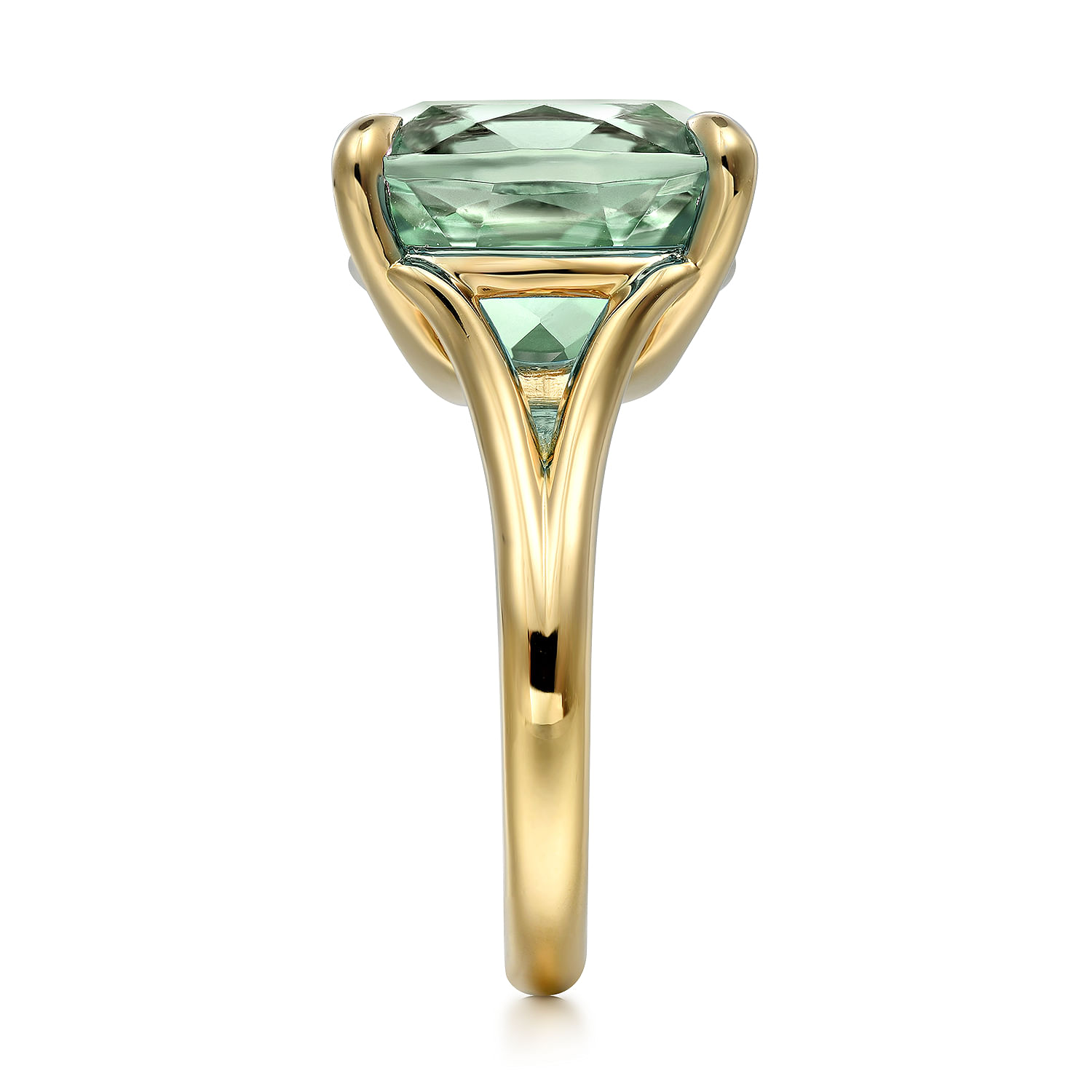 14K Yellow Gold Cushion Cut Green Amethyst Ladies Ring