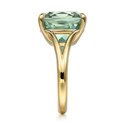 14K Yellow Gold Cushion Cut Green Amethyst Ladies Ring