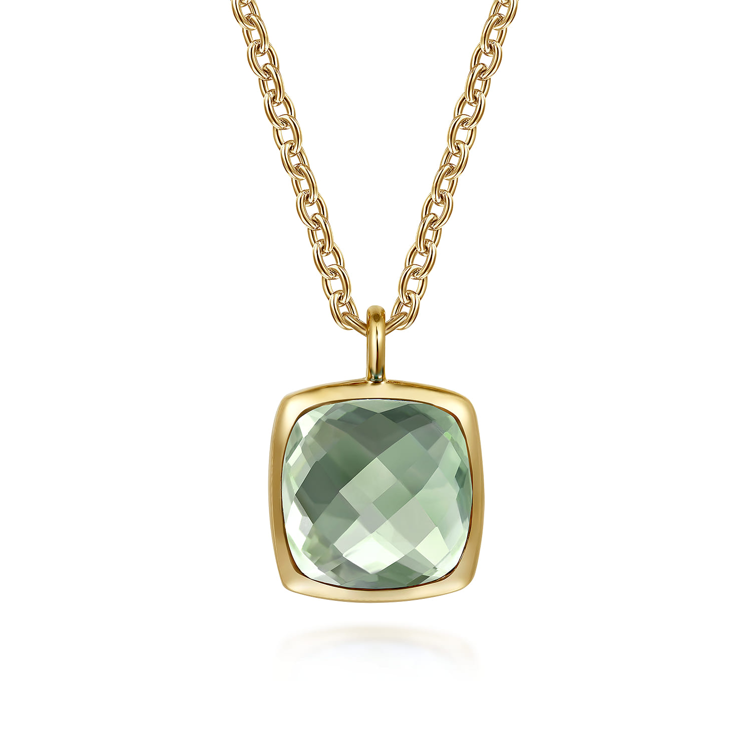 14K Yellow Gold Cushion Cut Green Amethyst Necklace With Flower Pattern J-Back and Bezel Setting