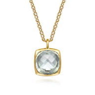 14K Yellow Gold Cushion Cut Green Amethyst Necklace With Flower Pattern J-Back and Bezel Setting
