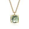 14K Yellow Gold Cushion Cut Green Amethyst Necklace With Flower Pattern J-Back and Bezel Setting