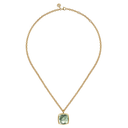 14K Yellow Gold Cushion Cut Green Amethyst Necklace With Flower Pattern J-Back and Bezel Setting