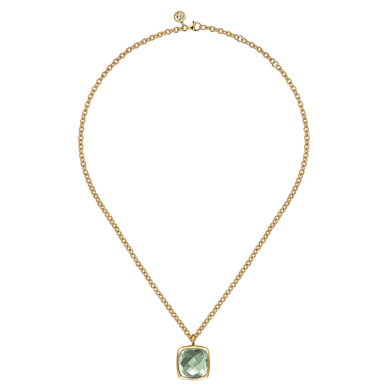 14K Yellow Gold Cushion Cut Green Amethyst Necklace With Flower Pattern J-Back and Bezel Setting - Shot 2
