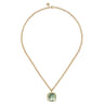 14K Yellow Gold Cushion Cut Green Amethyst Necklace With Flower Pattern J-Back and Bezel Setting