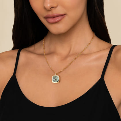 14K Yellow Gold Cushion Cut Green Amethyst Necklace With Flower Pattern J-Back and Bezel Setting